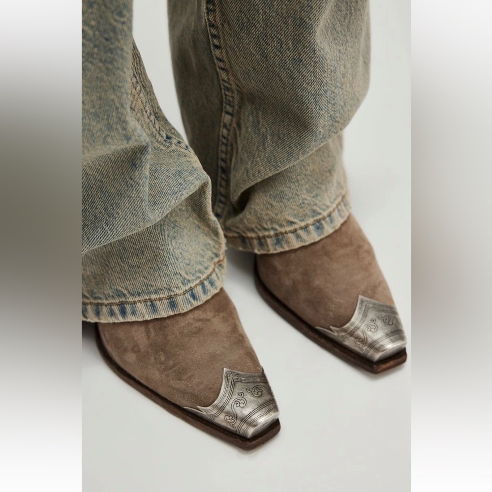 Free People Brayden Western Boot Taupe Suede Etched Silver Toe NEW